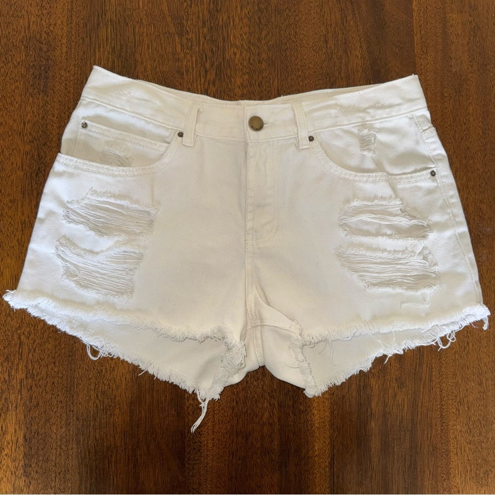 Billabong White Denim Jean Shorts Drift Away Distressed Frayed Hem Size 29